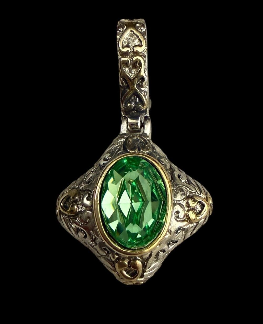 Large Statement Green Crystal Pendant Ornate Silver Tone John Candice JC Boho
